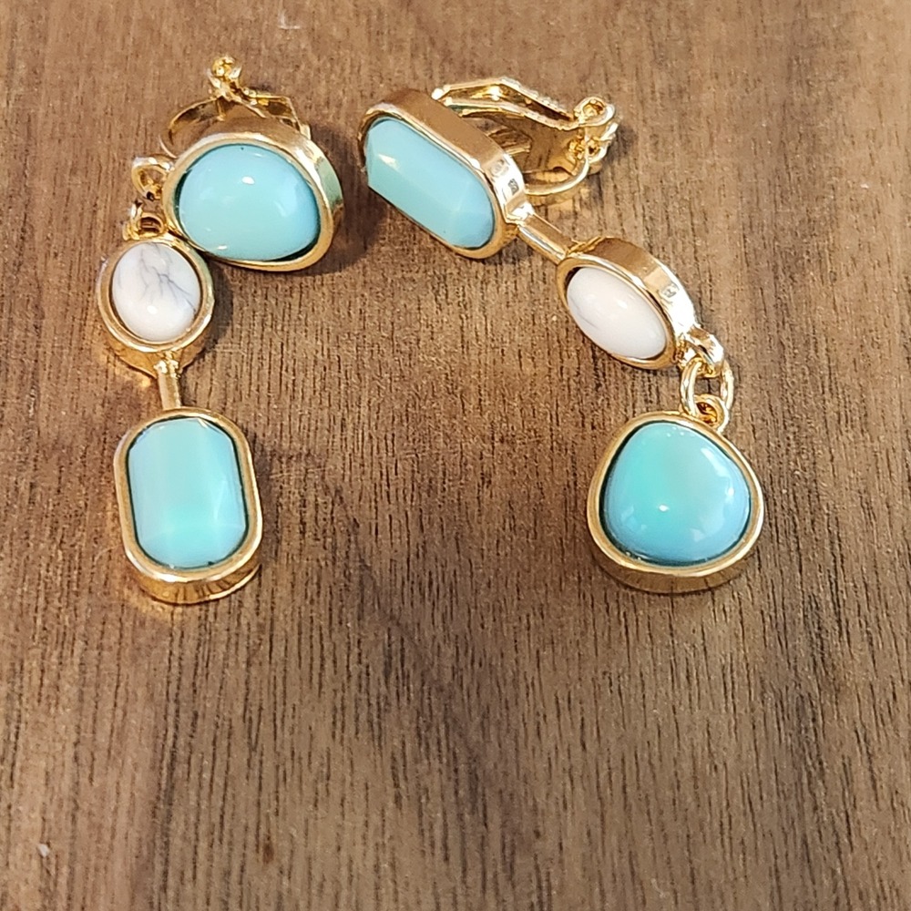 Gold Tone Turquoise Blue White Marbled Stone Clip On Drop Earrings Boho